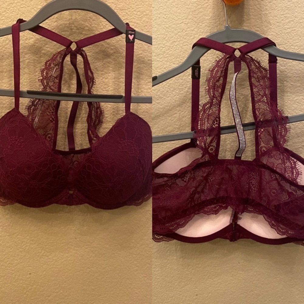 NWT~VICTORIA’S SECRET Women Burgundy Padded Lace Bling Very Sexy Bra Size 32DD